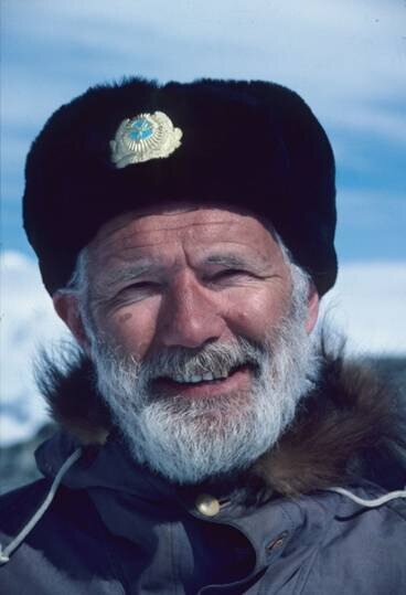 Dr. Charles Swithinbank surveys Patriot Hills blue-ice runway, 1986