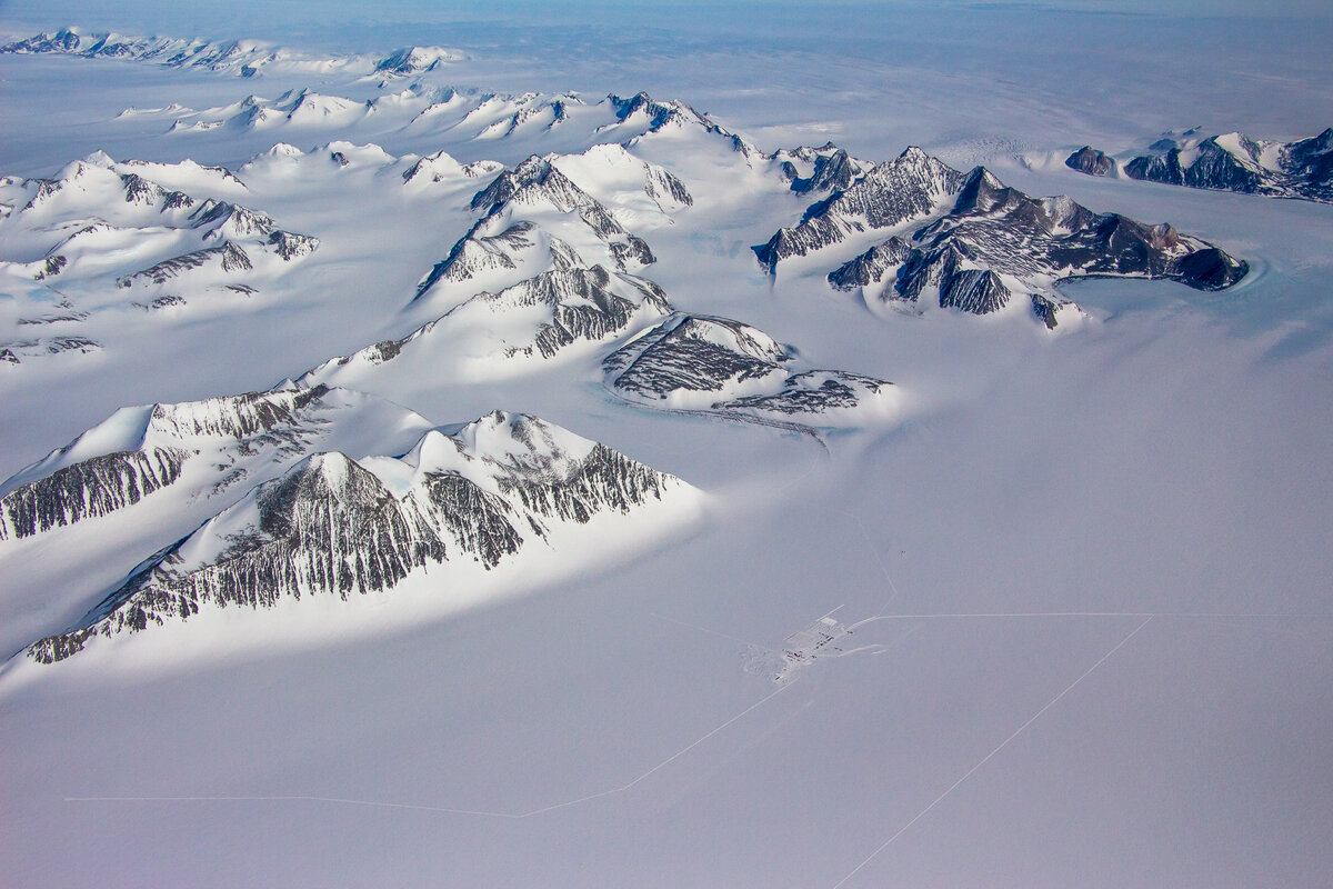 Aerial view of Union Glacier Camp, looking south